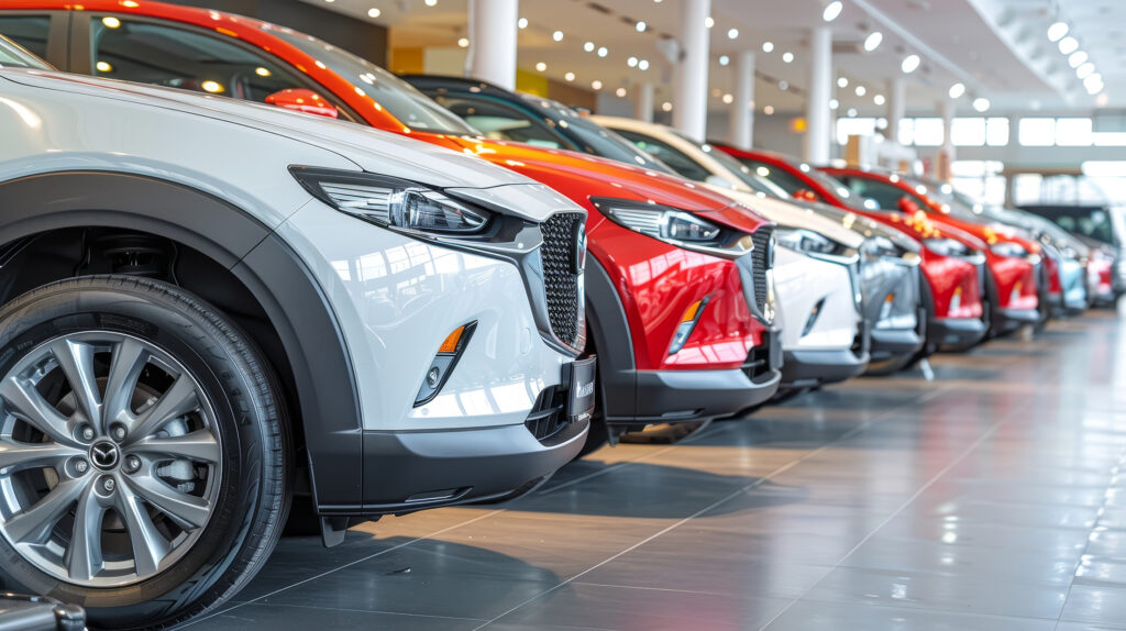 Close up of a car at a bustling car dealership showroom offering vehicles for sale.