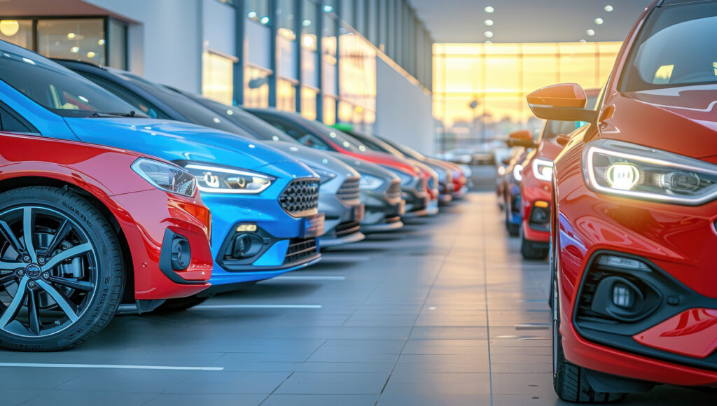 Red and blue cars in a row in a car showroom on display